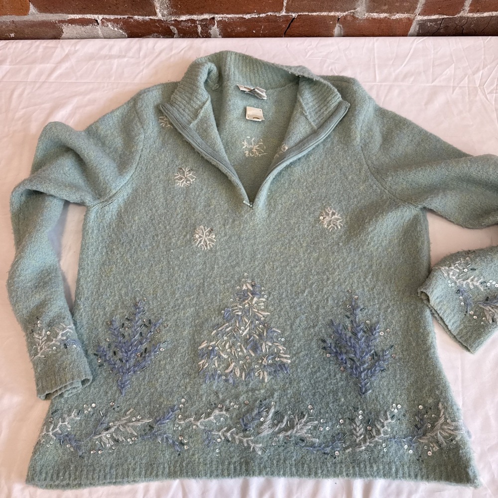 Talbots Blue Sparkle Beaded Wool Blend Stretch Christmas Tree Sweater New Large - Picture 10 of 13